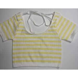 Yellow White Striped Ribbed Crop Top Tie-Back Short Sleeve Knit